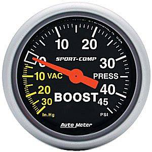 Autometer - Auto Meter Sport-Comp Series, Boost/Vacuum Pressure 30" HG/45psi (Mechanical)