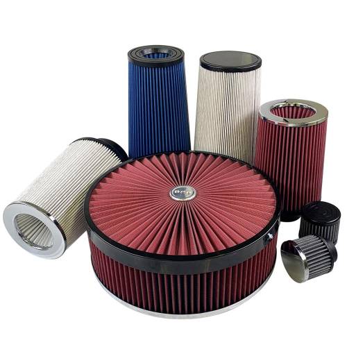 S&B - S&B Universal Air Filter, 4" Flange ID x 5.6"  Top x 5.5" Base x 5" Element Height, Cotton, Cleanable, with Power Stack, Red Oil