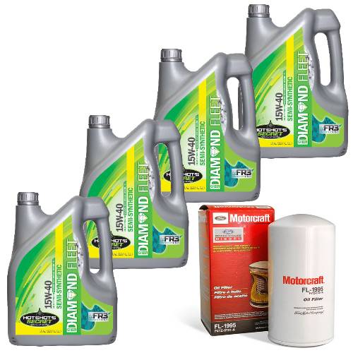 KT Packs - Oil Change Kit for Ford (1994-03) 7.3L Power Stroke (Motorcraft Oil Filter with Hot Shot's Green Diamond Fleet SEMI Synthetic Oil)