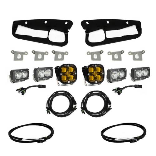 Baja Designs - Baja Designs Squadron SAE/Dual S2 Sport Steel Bumper Fog Pocket Light Kit for Ford (2021-25) Bronco / (2022-25) Bronco Raptor w/ OE Steel Bumper, SAE Fog Light Pattern, Baja Amber Lens, Upfitter Wiring