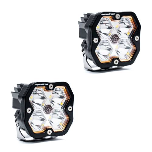 Baja Designs - Baja Designs Squadron 2.0 Sport Black LED Auxiliary Light Pod Pair - Universal (Wide Cornering Light Pattern, Clear Lens, No Harness)