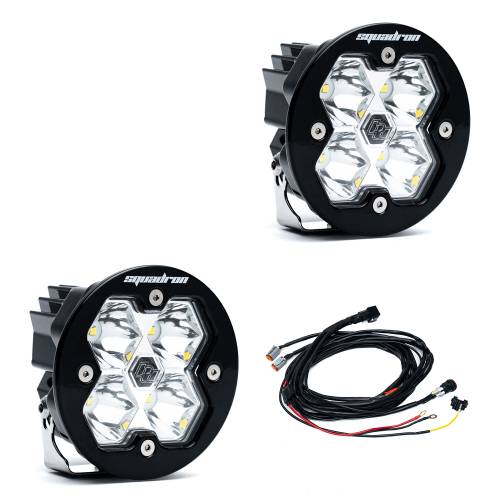 Baja Designs - Baja Designs Squadron-R 2.0 Sport Black LED Auxiliary Light Pod Pair - Universal (Wide Cornering Light Pattern, Clear Lens, w/ Harness)