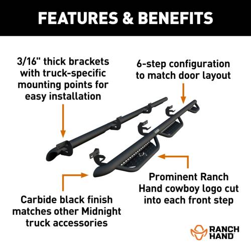 Ranch Hand - Ranch Hand Midnight 6-Step Running Steps for Chevy/GMC (2019-26) 1500/1500 LTD/1500 Limited, 2500/3500 HD (Crew Cab)