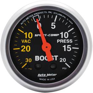 Autometer - Auto Meter Sport-Comp Series, Boost/Vacuum Pressure 30" HG/20psi (Mechanical)