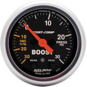 Autometer - Auto Meter Sport-Comp Series, Boost/Vacuum Pressure 30" HG/30psi (Full Sweep Electric) w/ Warning