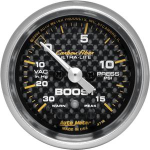 Autometer - Auto Meter Carbon Fiber Series, Boost/Vacuum 30" HG/15 PSI, w/ Warning (Full Sweep Electric)