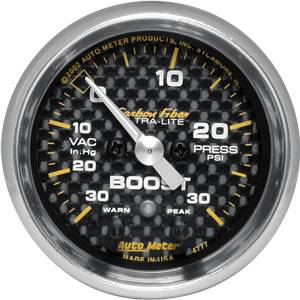 Autometer - Auto Meter Carbon Fiber Series, Boost/Vacuum 30" HG/30 PSI, w/ Warning (Full Sweep Electric)
