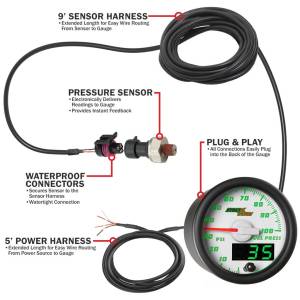 MaxTow Gauges - MaxTow Double Vision White & Green Fuel Pressure Gauge, 100psi - Image 5