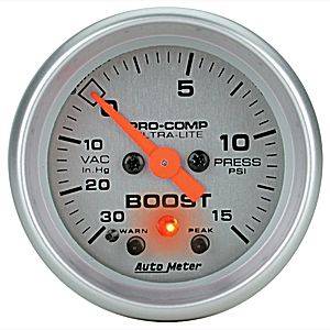 2-1/16" Gauges - Auto Meter Ultra Lite Series - Autometer - Auto Meter Ultra Lite Series, Boost/Vacuum 30" HG/15psi (Full Sweep Electric) w/ Warning
