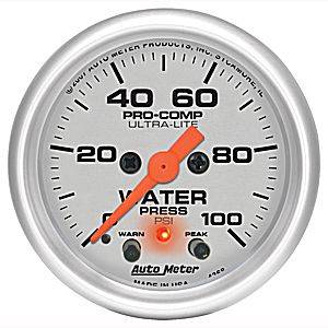 Auto Meter Ultra Lite Series, Water Pressure 0-100psi (Full Sweep Electric) w/ warning